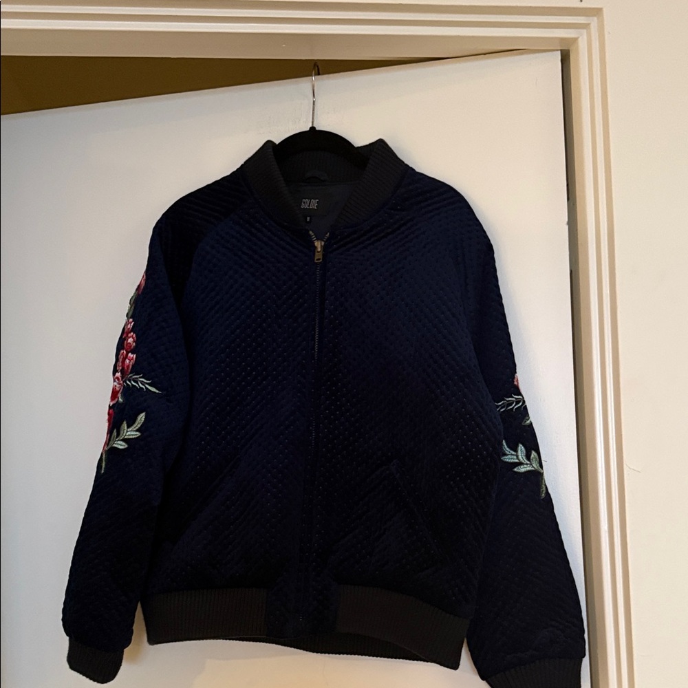 Goldie Dark Blue quilted velveteen Bomber Jacket with Red Floral Embroidery